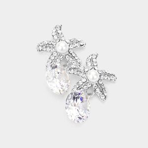 Silver Starfish Crystal Cubic Zirconia Stud Drop Earrings Jewelry